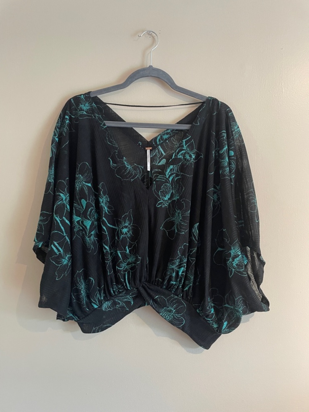 Free People Black Blouse with Teal Floral Print and Twist Front